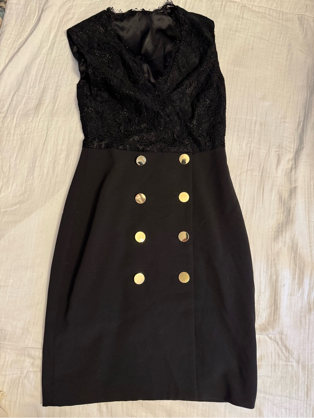 Marciano Black Lace Bodice Sheath Dress with Gold Buttons